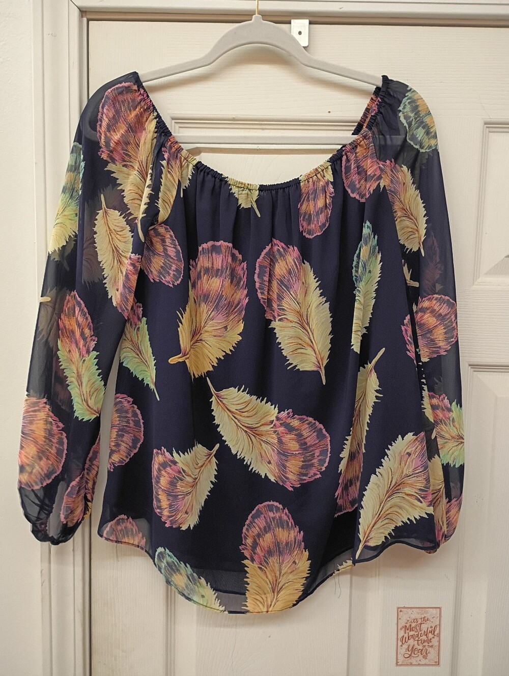 Buddy Love Navy Off-Shoulder Feather Print Blouse